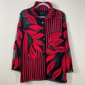 Damee Red Black Stripe Leaves Sheer Mesh Jacket Artsy Art to Wear Whimsigoth 0X